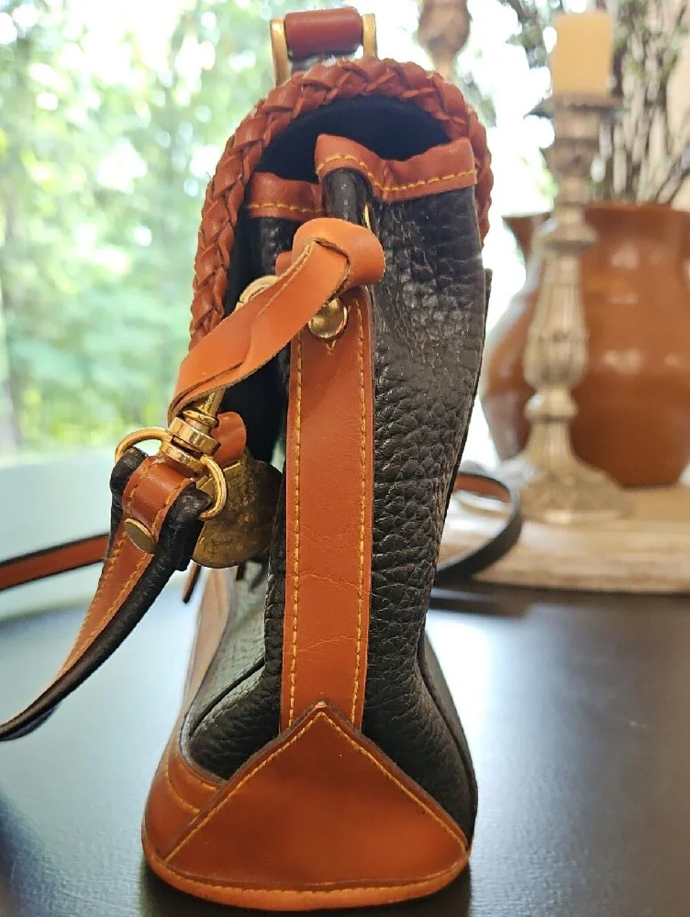Dooney & Bourke Leather Satchel. All Weather Black with Tan Trim Satchel